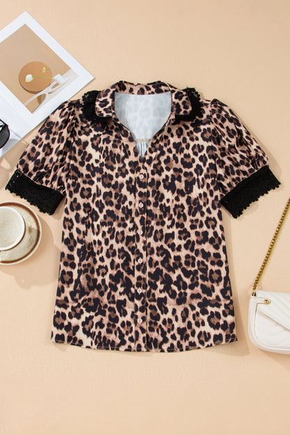 Leopard Lace Trim Short Sleeve Buttoned Shirt