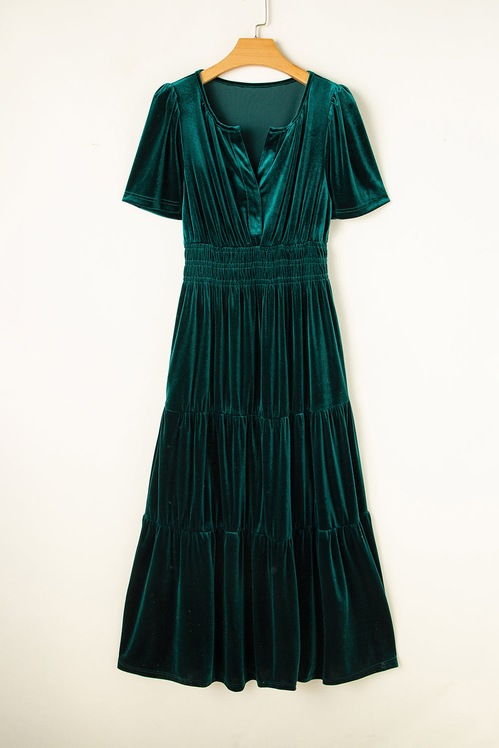 Velvet Shirred Waist Tiered Maxi Dress