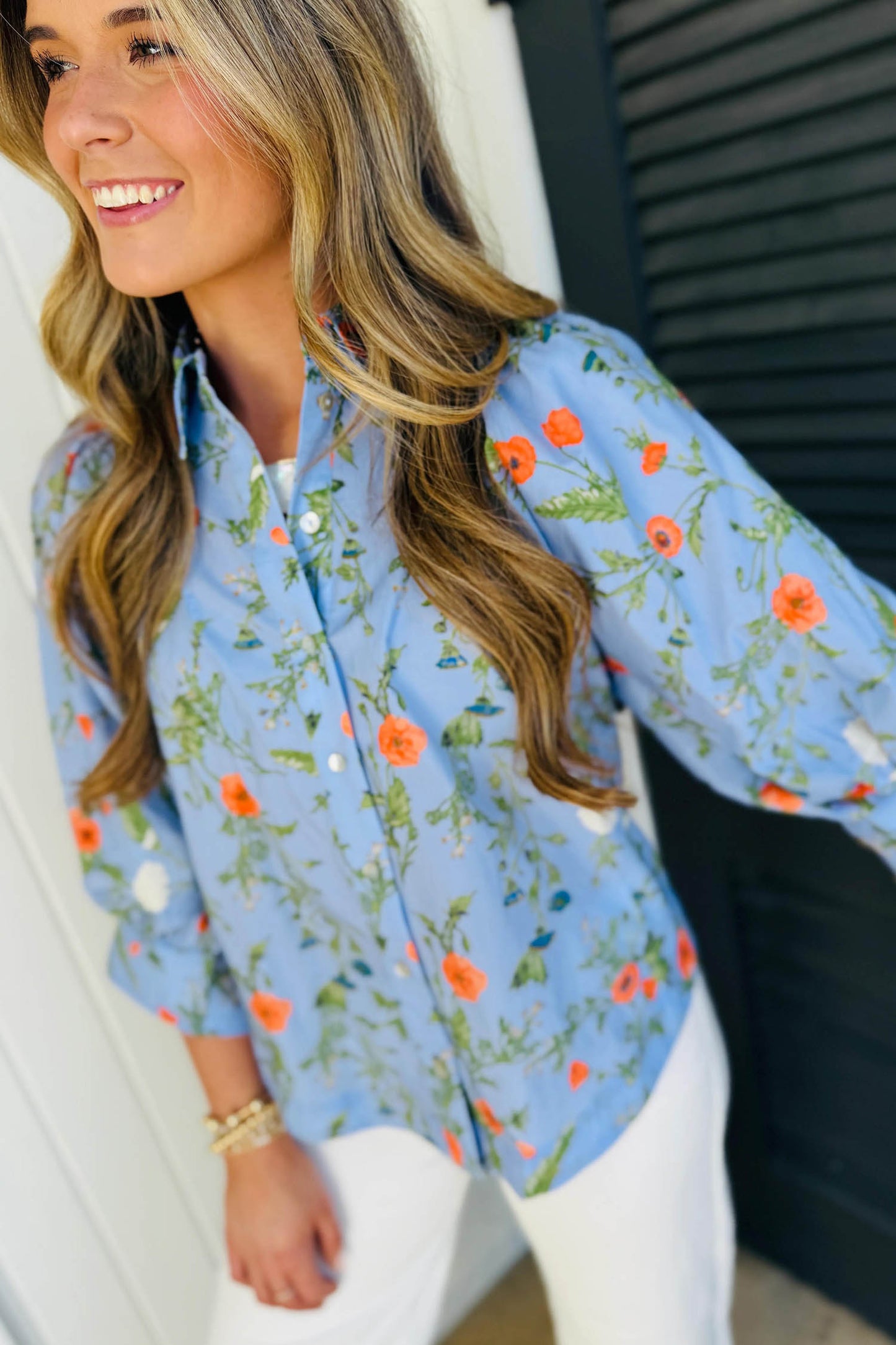 Floral 3/4 Sleeve Button Down Collared Blouse