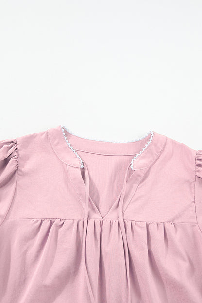 Floral Embroidered Puff Sleeve Split Neck Blouse