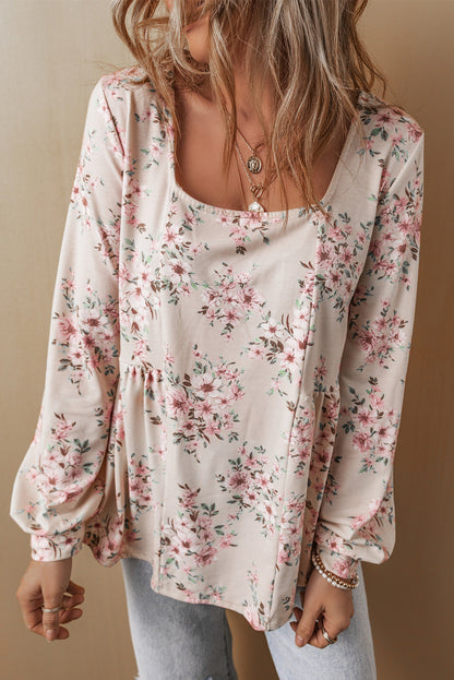 Floral Pleated Scoop Neck Blouse