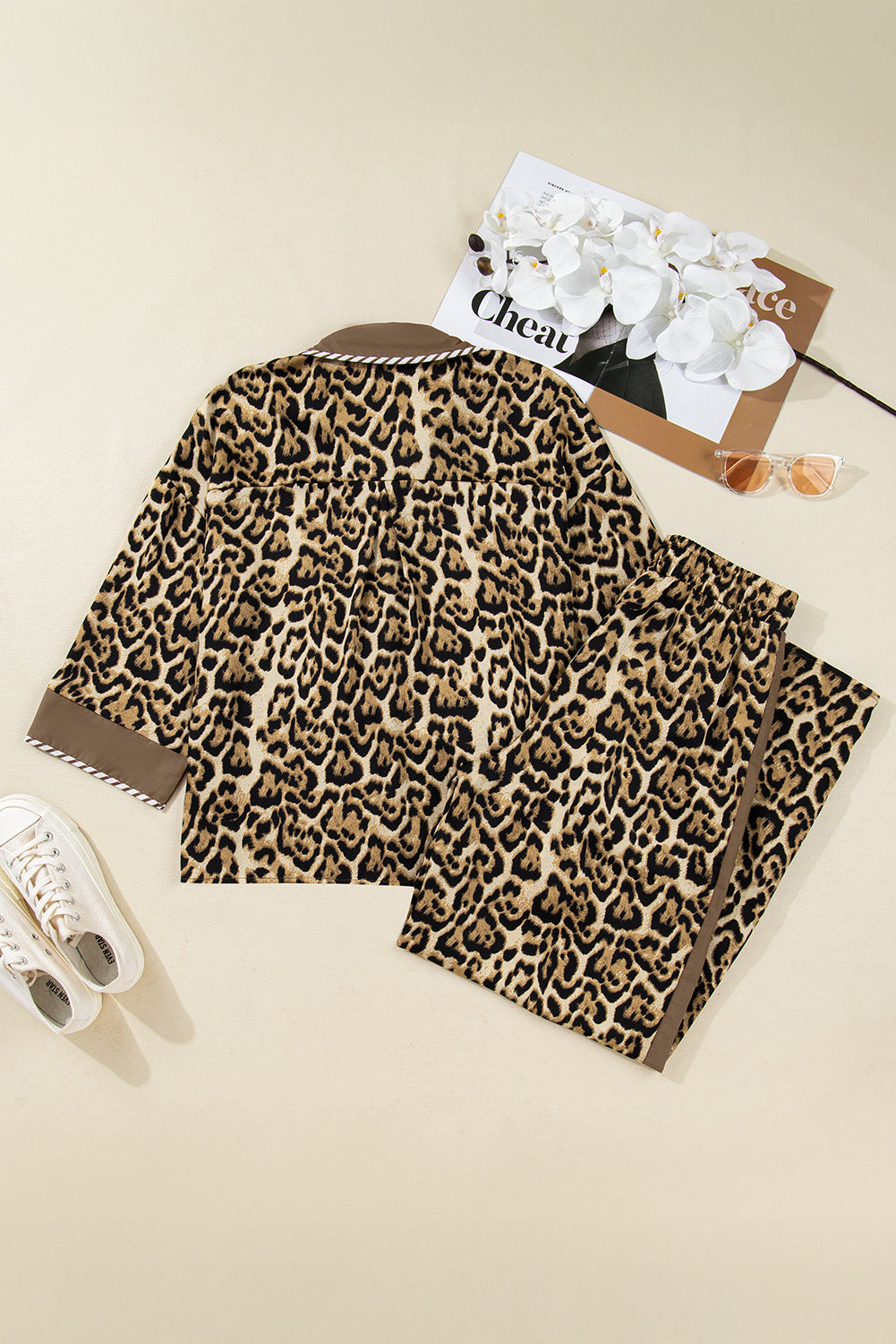 Leopard Collared 3/4 Sleeve Shirt and Pants Set