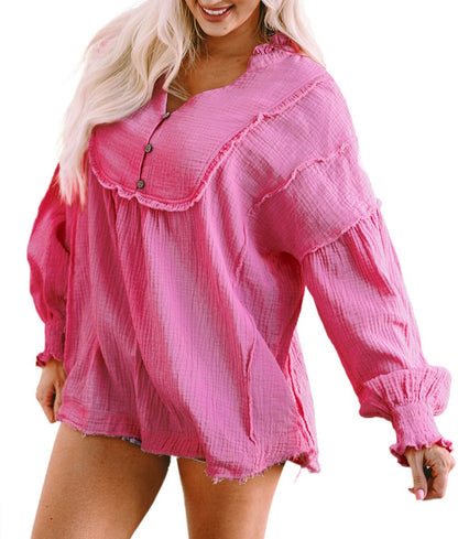 Gauze Ruffle Buttoned Long Sleeve Top