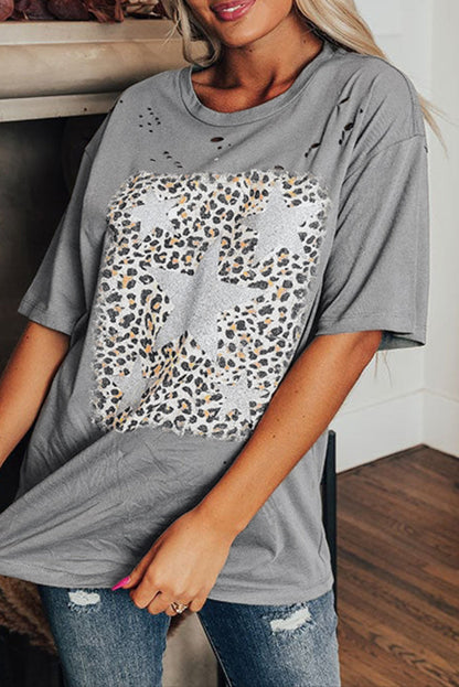 Medium Grey Stars Leopard Graphic Distressed Tee