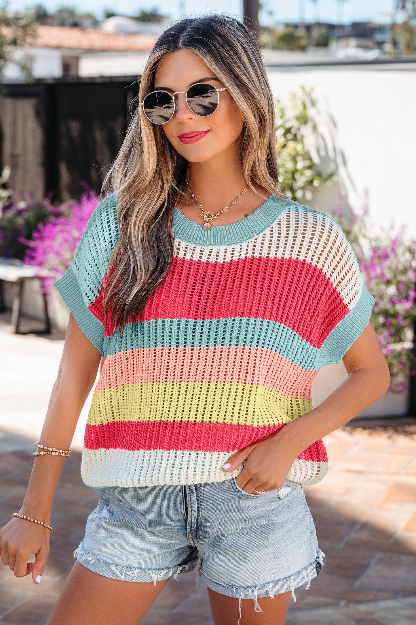 Stripe Colorblock Hollow-Out Short Sleeve Sweater