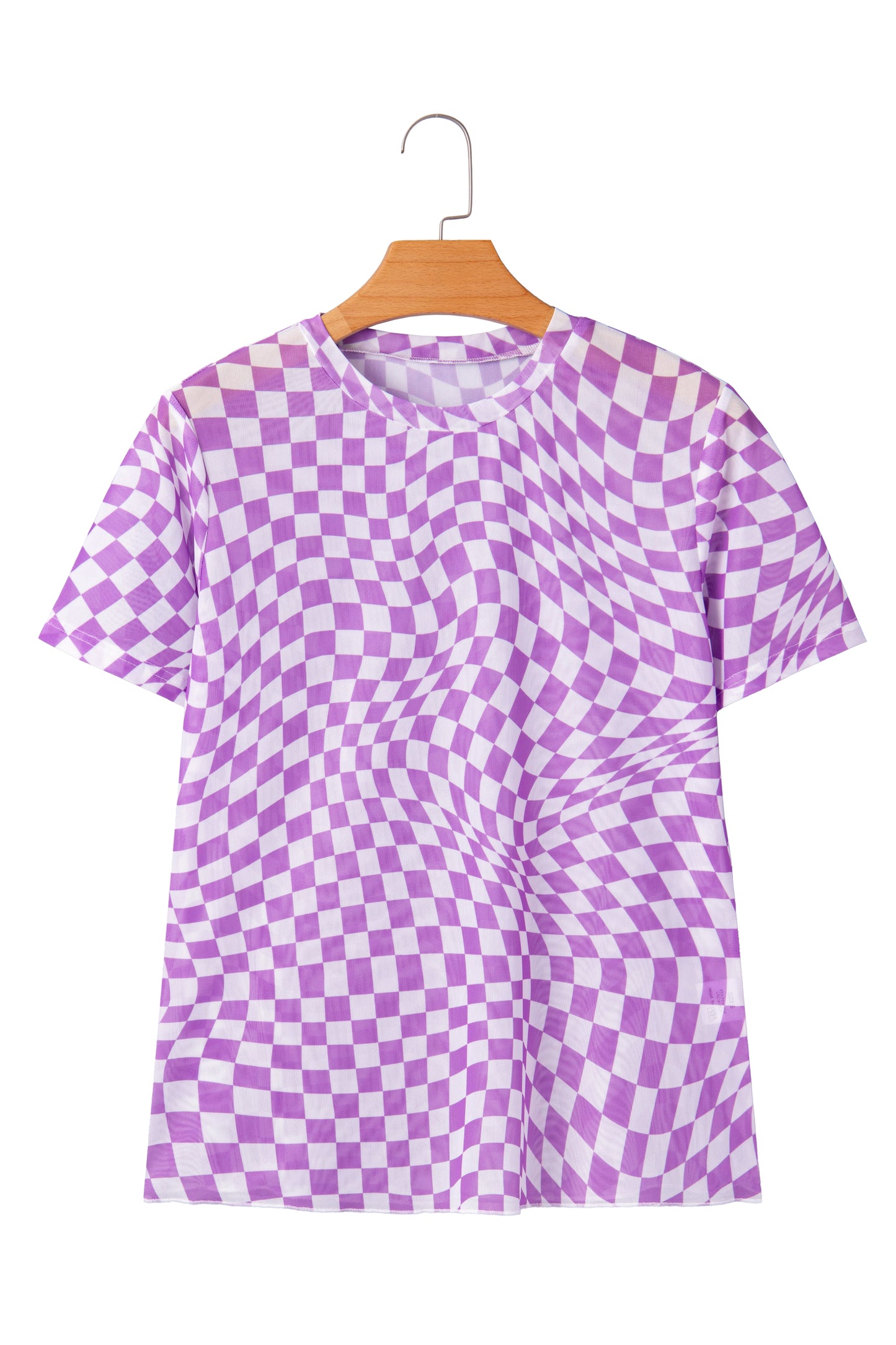 Checker Mesh Mock Neck Short Sleeve T-Shirt