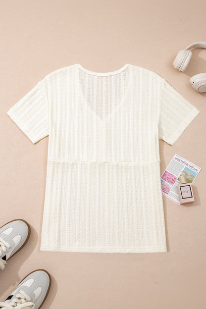 Solid Textured Knit V-Neck Henley Tee
