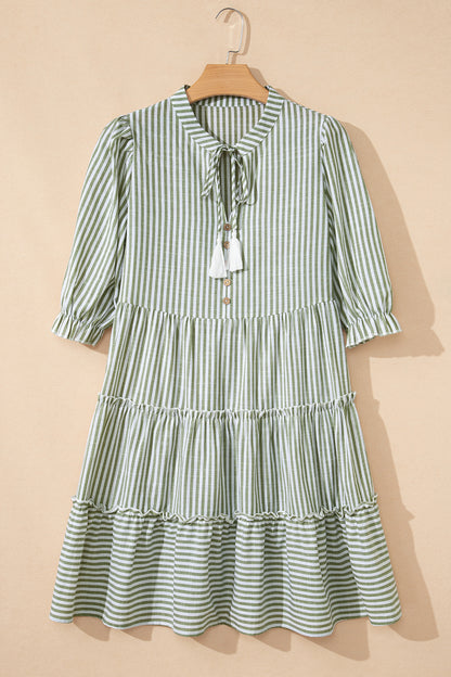 Stripe Tassel Tie-Neck Ruffle Tiered Dress