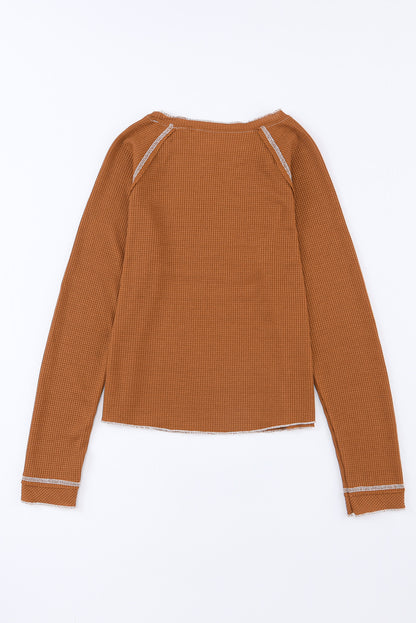Solid Waffle Knit Round Neck Long Sleeve Top