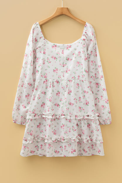 Floral Long Sleeve Ruffle Flared Mini Dress