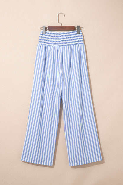 Stripe Shirred High Waist Wide Leg Pants