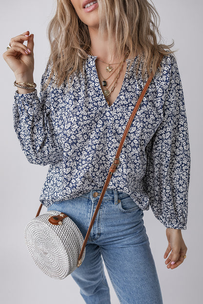 Floral Puff Sleeve V-Neck Blouse