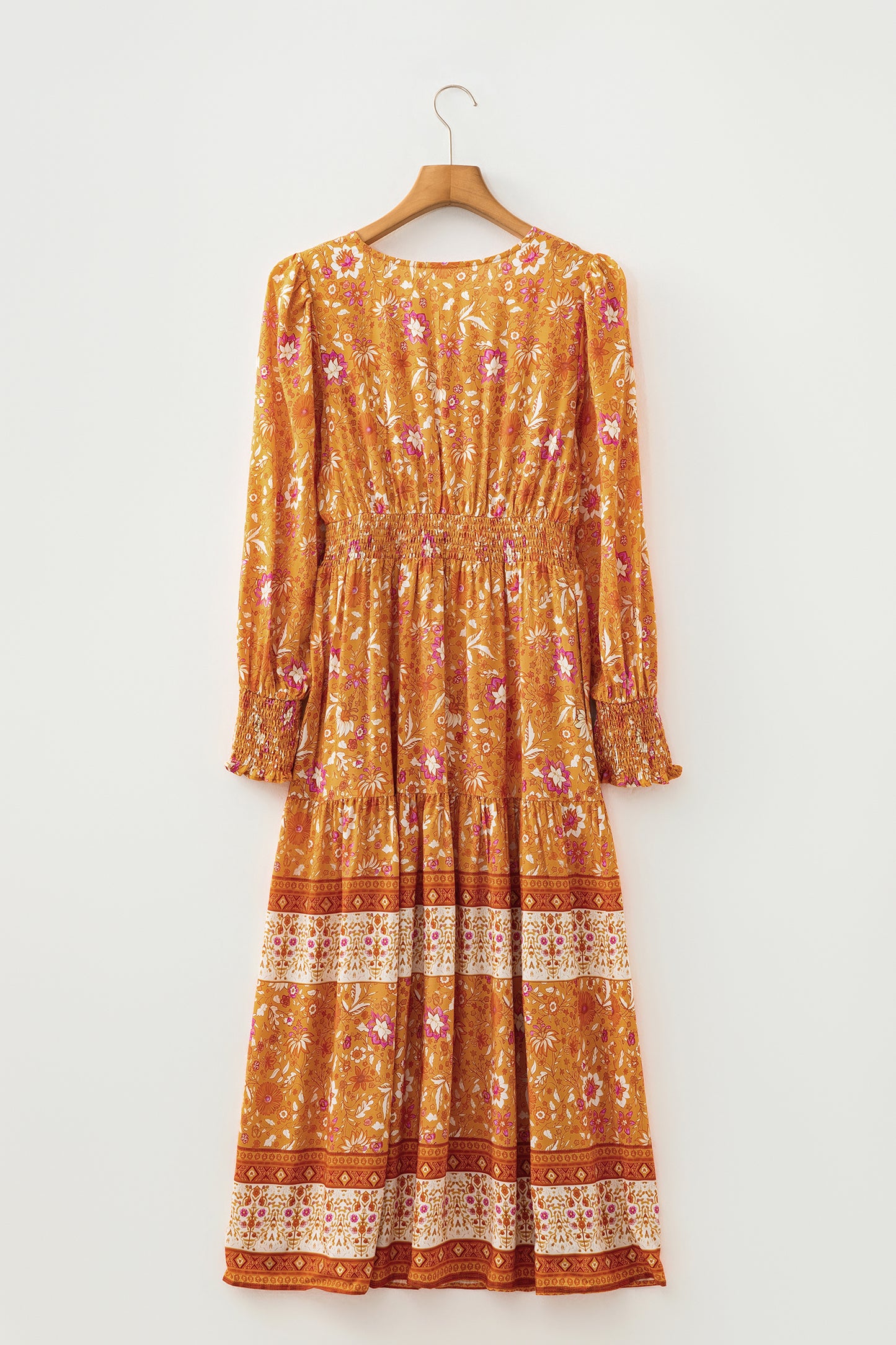 Boho Floral Smocked Waist Long Sleeve Maxi Dress