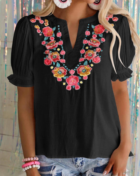 Floral Embroidered Ruffle Blouse