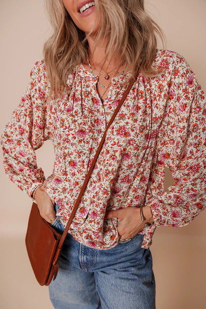 Floral Pleated Notched Neck Puff Sleeve Blouse