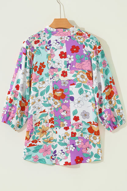 Floral Patchwork Frilled Neck Long Sleeve Shirt