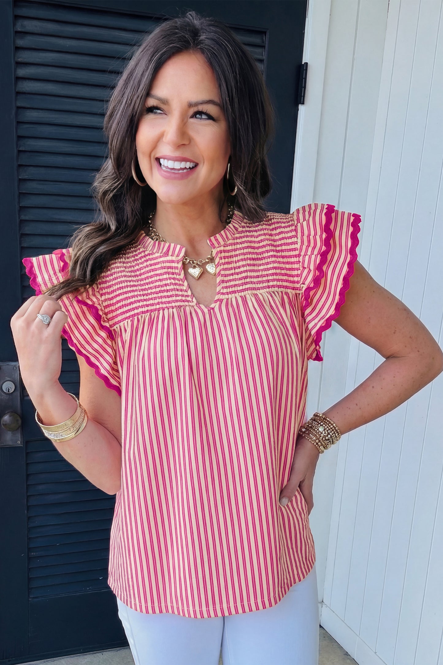 Stripe Smocked Yoke Short Sleeve Ruffle Blouse