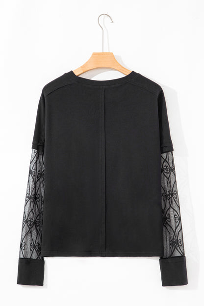 Bow Mesh Patchwork Long Sleeve Tee