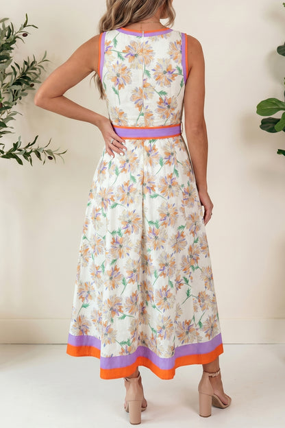 Floral Colorblock Trim Belted Sleeveless Maxi Dress