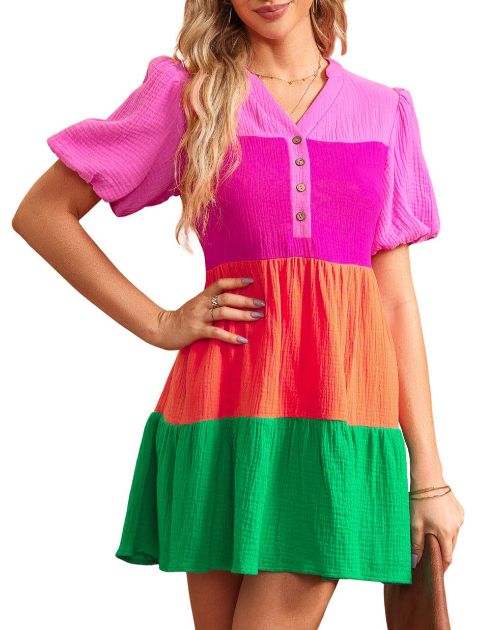 Colorblock Tiered Puff Sleeve Dress