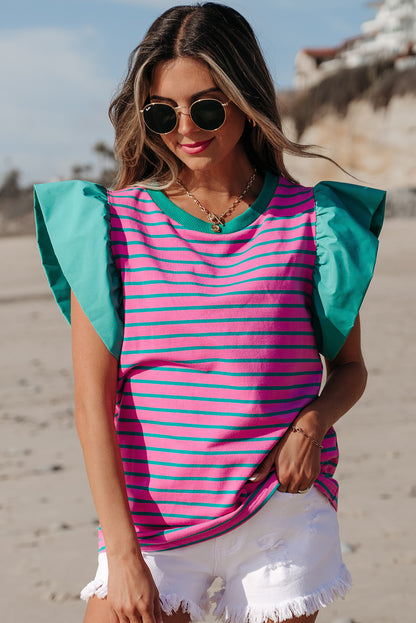 Stripe Colorblock Ruffle Sleeve Crewneck Blouse