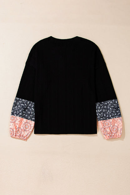 Floral Patchwork Textured Knit V-Neck Blouse