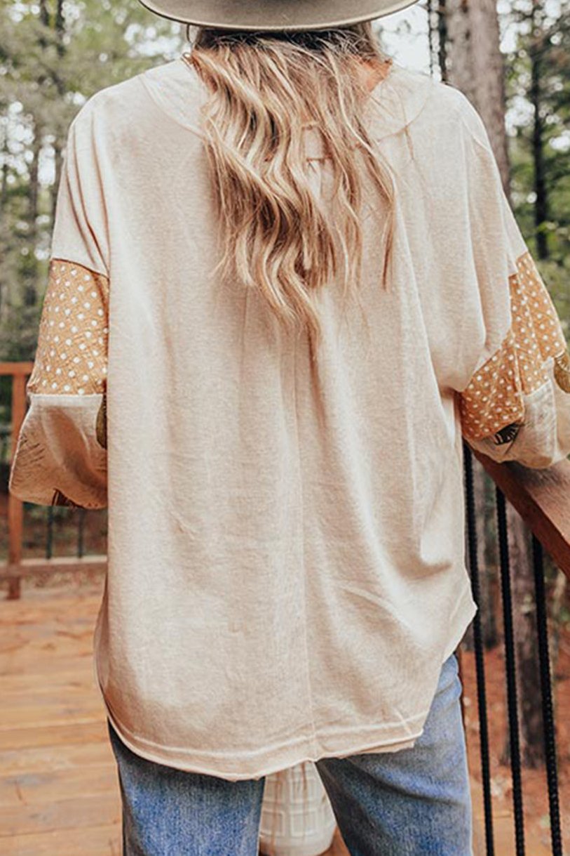 Patchwork Puff Sleeve V-Neck Blouse