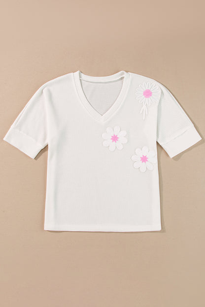 Floral Applique Knitted V-Neck Top