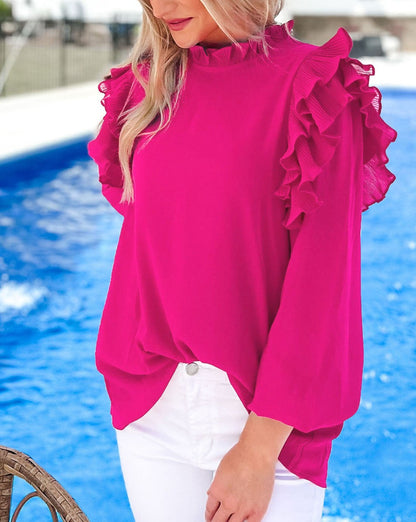 Pleated Ruffle 3/4 Sleeve Blouse