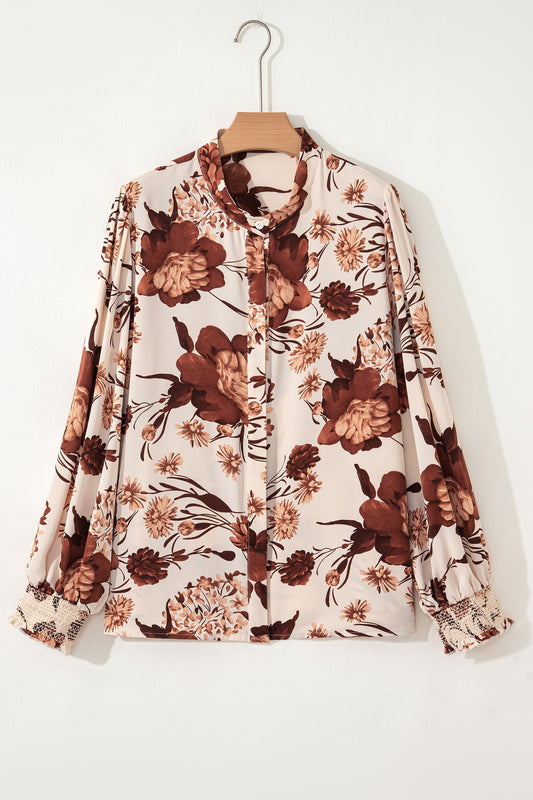 Floral Smocked Long Sleeve Buttoned Shirt