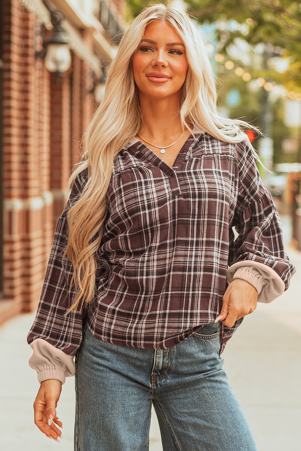 Plaid Quarter-Button Patchwork Long Sleeve Hooded Blouse