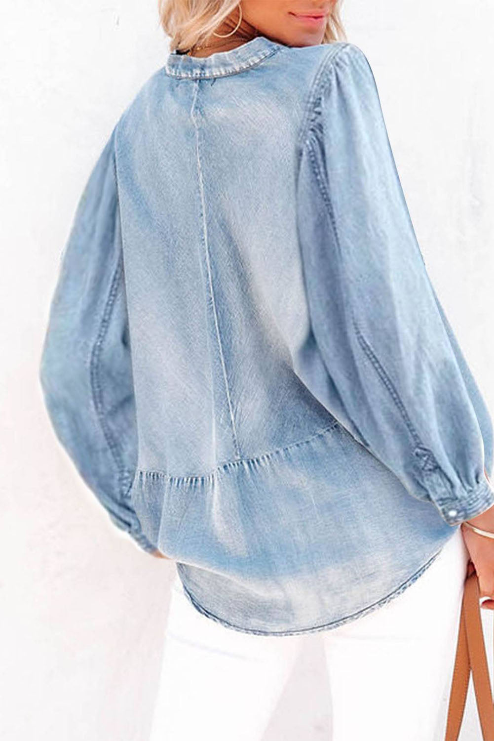 Denim Split V-Neck Balloon Sleeve Top