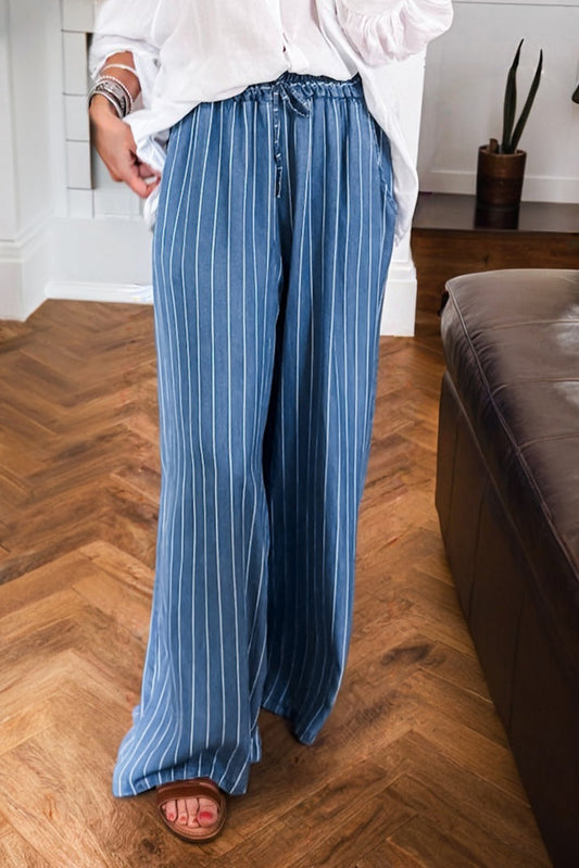 Stripe Chambray Tied Elastic Waist Trousers