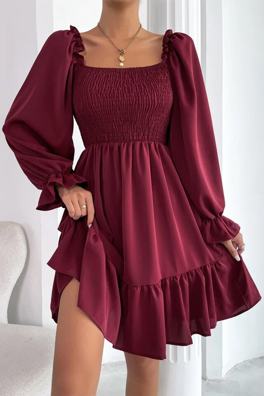 Smocked Ruffle Puff Sleeve Dress