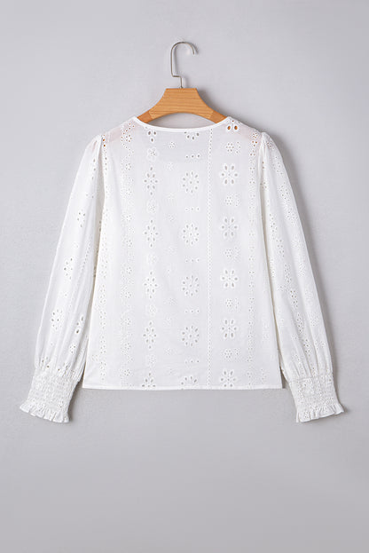 Solid Eyelet Embroidered Long Sleeve Blouse
