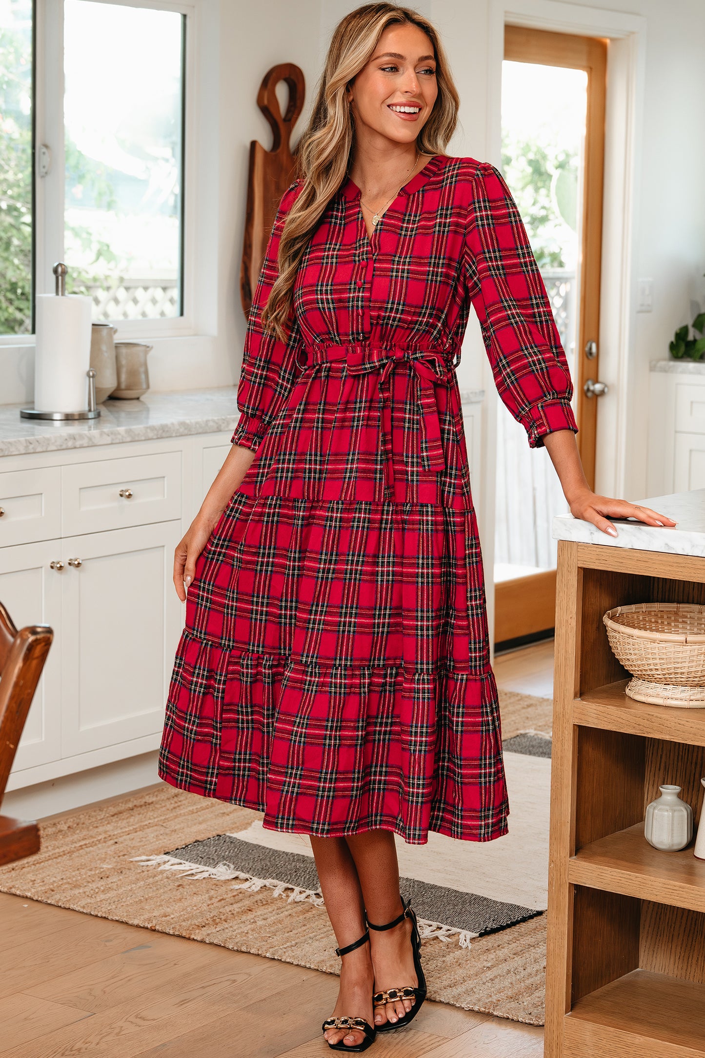 Plaid V-Neck Tie Waist Ruffle Hem Dress