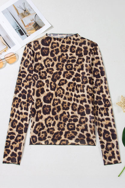 Leopard Mesh Mock Neck Long Sleeve Top