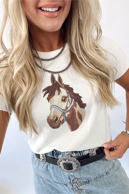 Western Horse Head Short Sleeve Sweater
