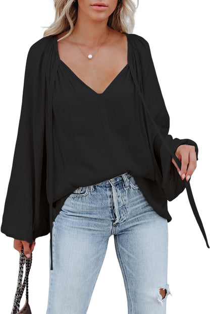 Satin Tie-Front Puff Sleeve Blouse