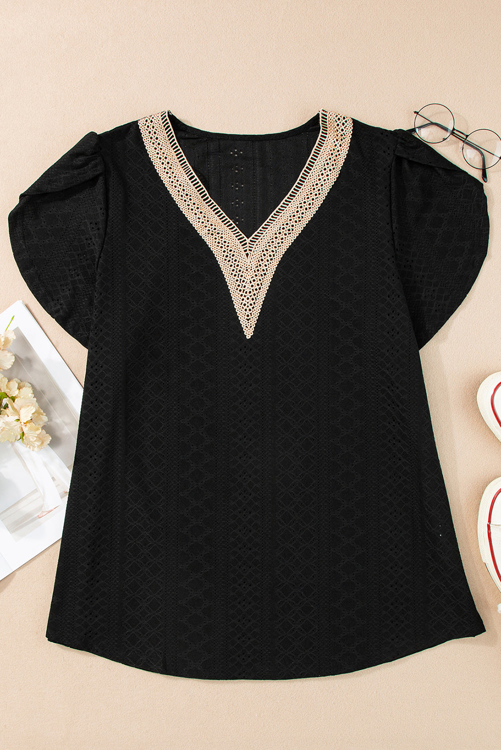 Embroidered Eyelet V-Neck Top Plus Size