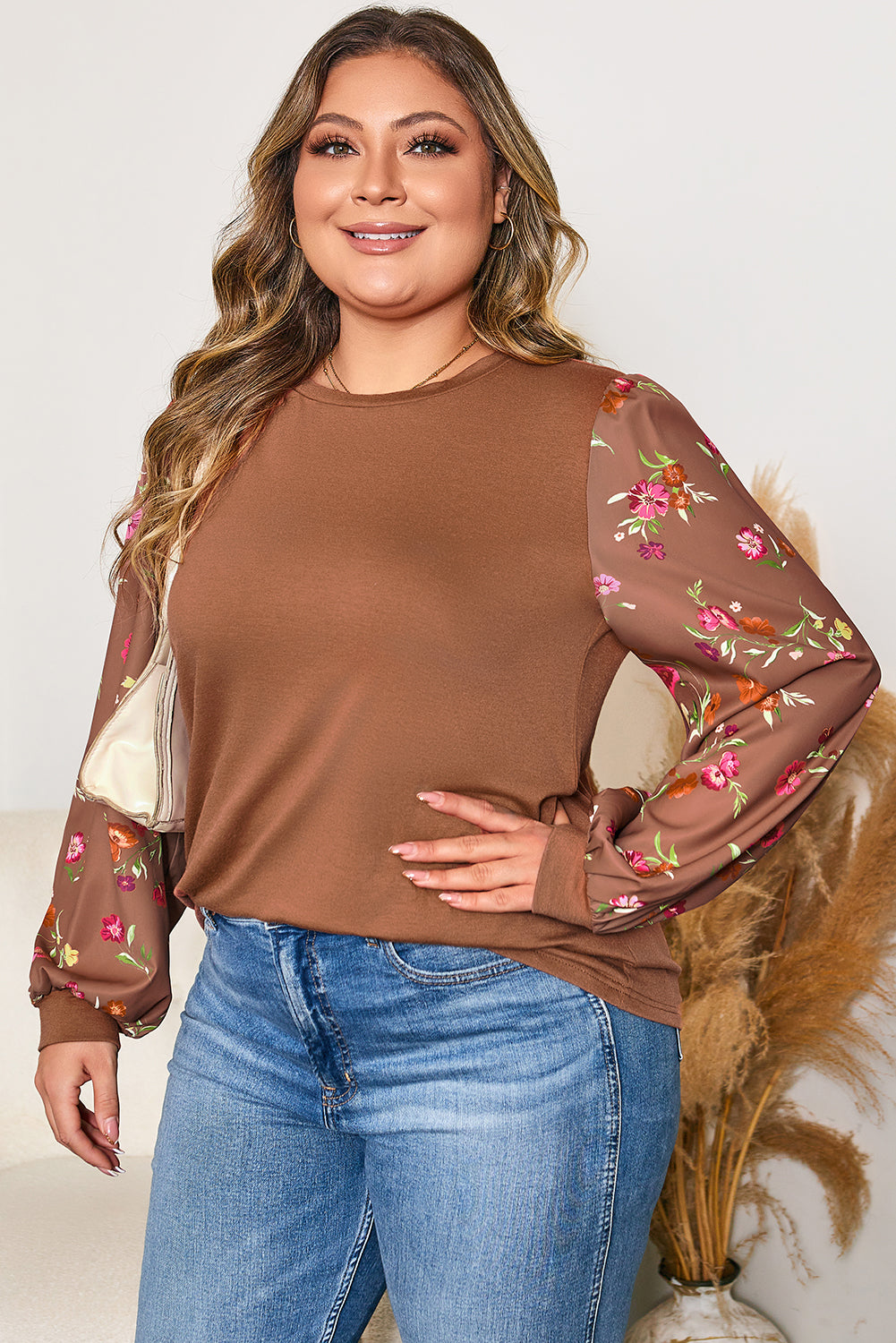 Plus Size Floral Patchwork Sleeve Crewneck Top