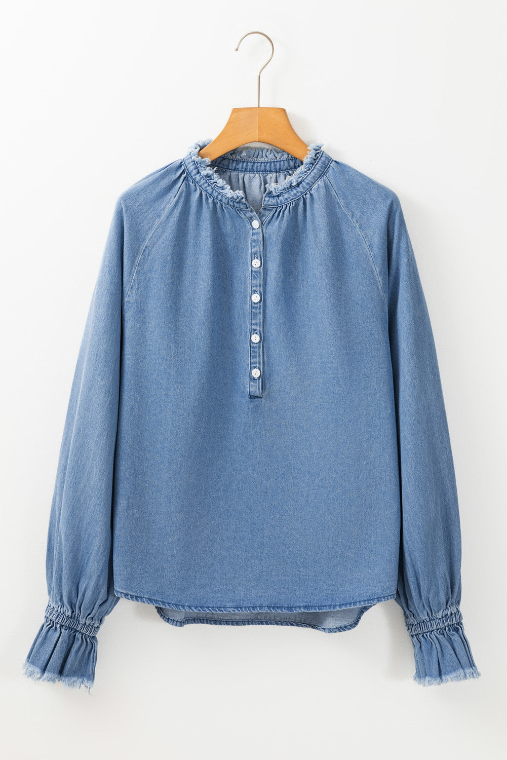 Denim Frilled Raw Edge Buttoned Top