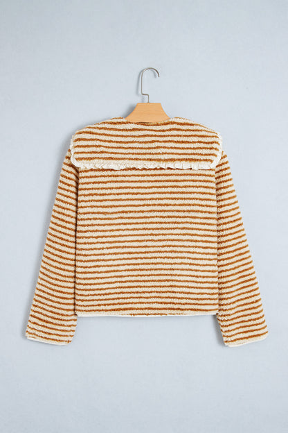 Stripe Fleece Ruffle Collar Button Front Jacket