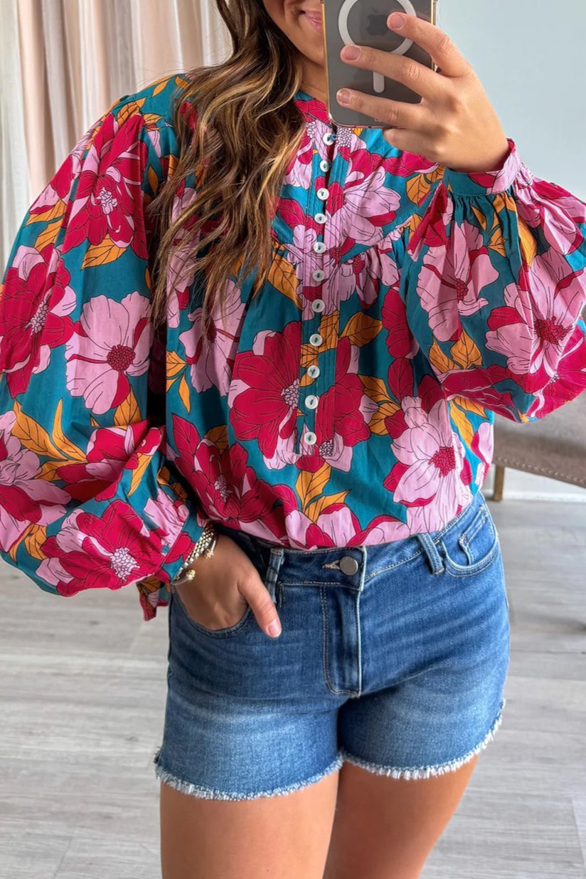 Floral Balloon Sleeve Buttoned Blouse