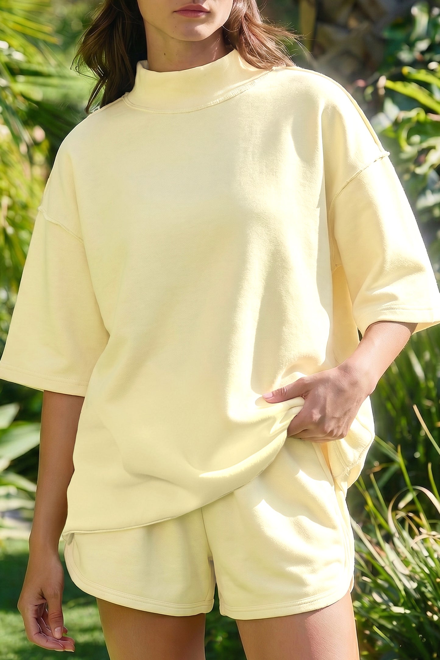 Solid Exposed Seam Mock Neck Tee & Shorts Set