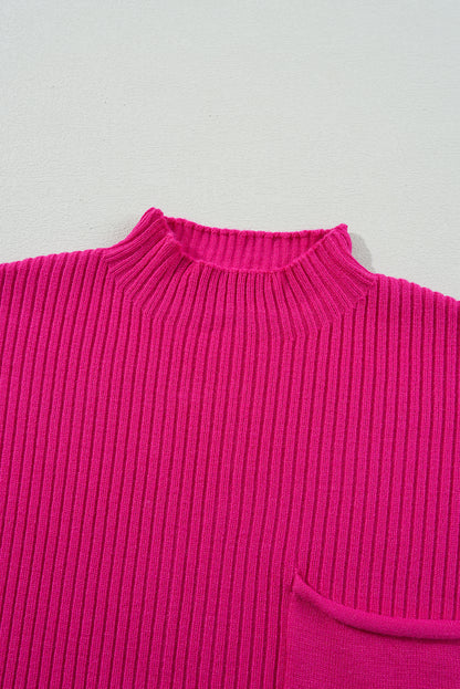 Solid Ribbed Knit Patch Pocket Short Sleeve Top