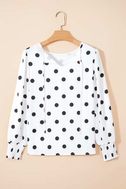 Polka Dot Frilled Long Sleeve Round Neck Blouse