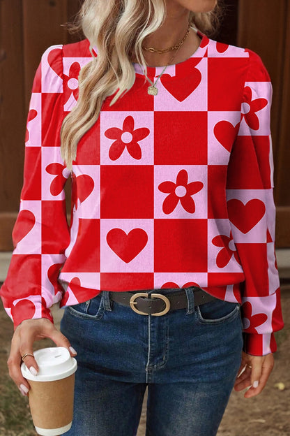 Valentine Heart & Flower Checker Long Sleeve Blouse