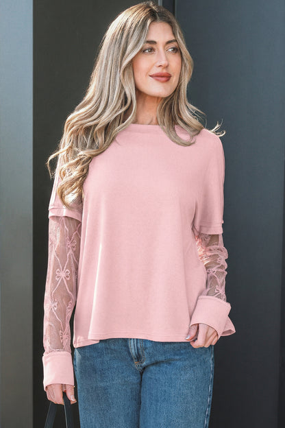 Bow Mesh Patchwork Long Sleeve Tee