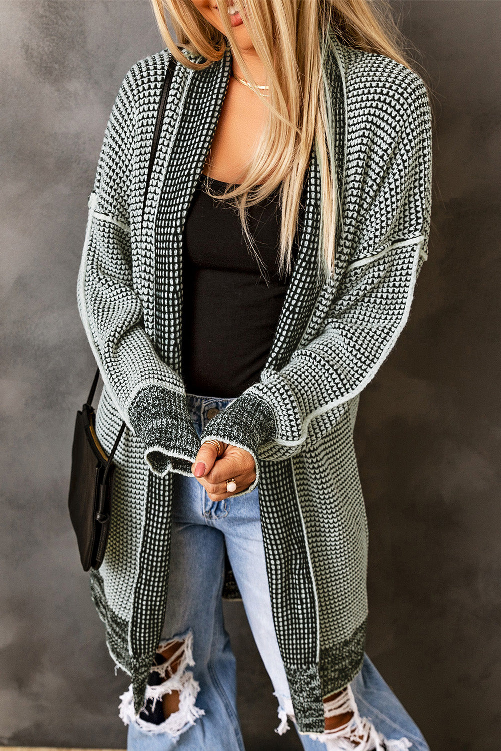 Plaid Knit Open Front Cardigan